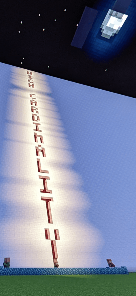 minecraft recreation of high cardinality written in giant letters vertically on a tall wall